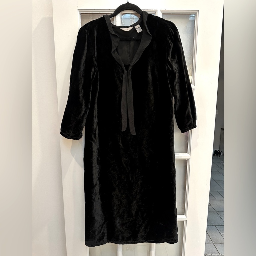 J. Jill Black Velvet Tie Neck Whimsigoth 3/4 Sleeve Midi Dress Size Medium Tall